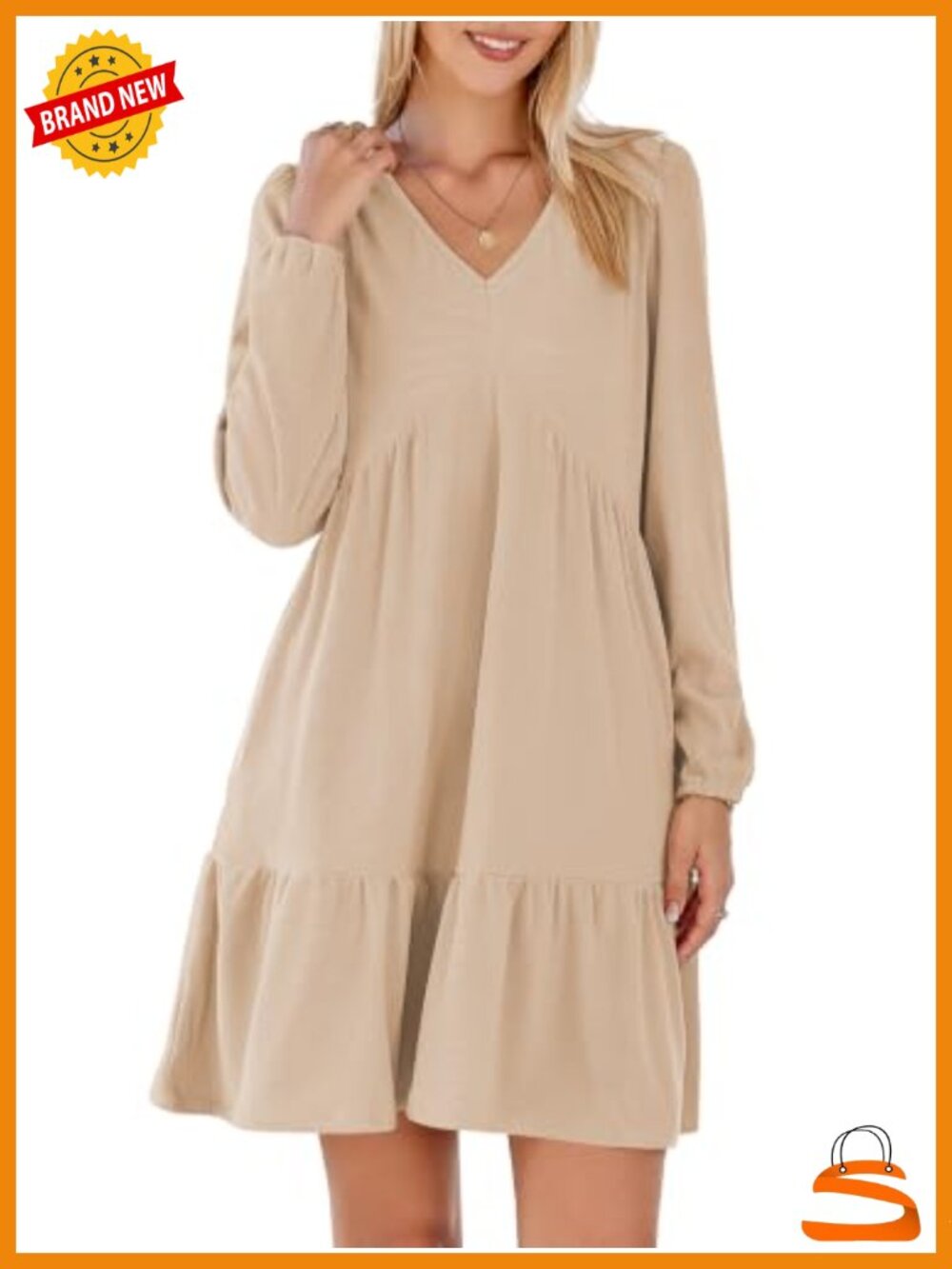 Naggoo Ribbed Knit Babydoll Sweater Dress Women Long Sleeve V Neck Ruffle Mini - Picture 1 of 6